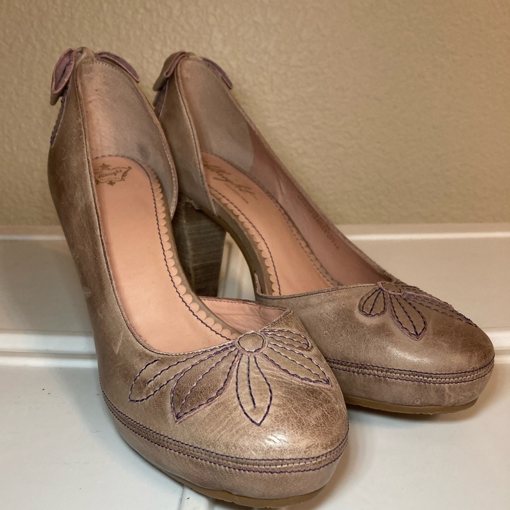Miss Albright Taupe Leather Embroidered Platform Pumps
